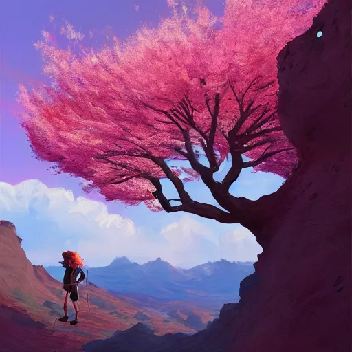 Image similar to giant cherry blossom as a head, girl hiking in a canyon, surreal photography, sunrise, dramatic light, impressionist painting, colorful clouds, digital painting, artstation, simon stalenhag