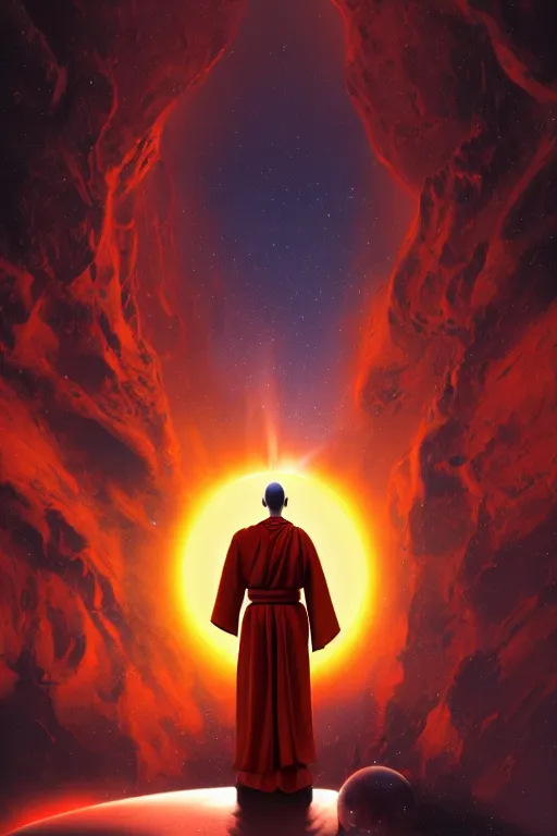 Image similar to portrait of a monk in a spaceship, looking at a nebula, orange robe, dramatic lighting, artstation, matte painting, ralph mcquarrie