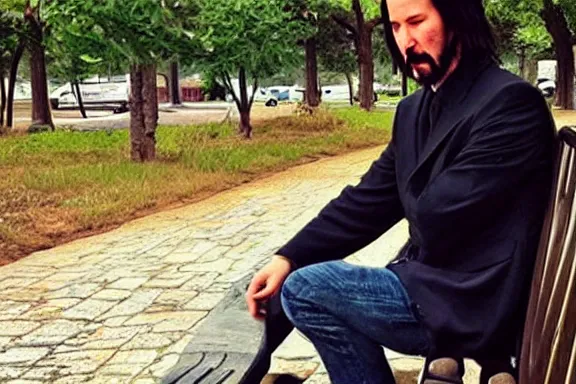 Image similar to “ very very intricate photorealistic photo of keanu reeves sitting on a bench, detailed natural lighting, award - winning crisp details ”