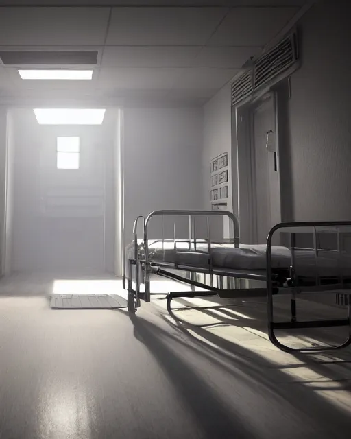 Image similar to artstation scifi scene of a old chinese hospital ward, a bunch of light on a business card, bed, wheelchair, window, bedside table, paneled walls, unreal engine 5, hyper realism, realistic shading, cinematic composition, blender render, octane render, hdr, detailed textures, photorealistic, wide shot
