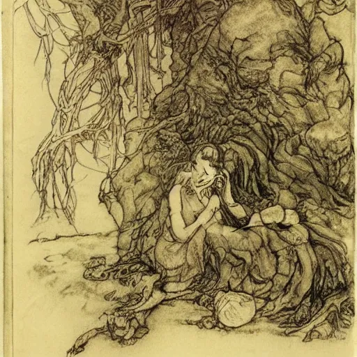 Image similar to once upon a midnight dreary, while i pondered, weak and weary, over many a quaint and curious volume of forgotten lore, by arthur rackham, highly detailed, 8 k,