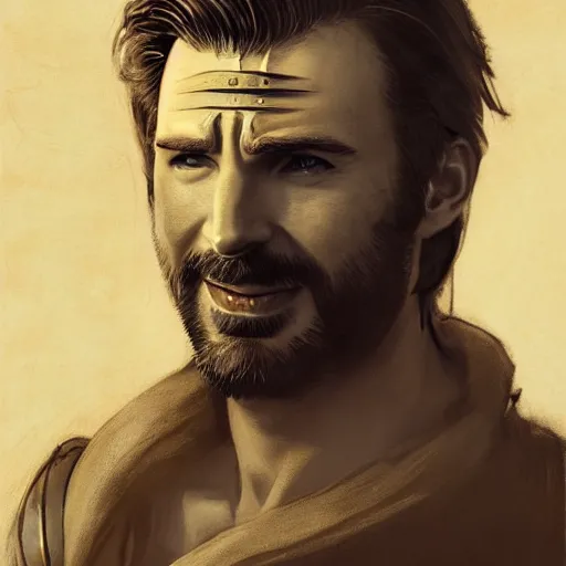 Image similar to half length portrait of chris evans as a swashbuckler, d & d, medieval, fantasy, greg rutkowski, frank frazetta, alexandre chaudret, boris vallejo, michael whelan, miro petrov, hr giger