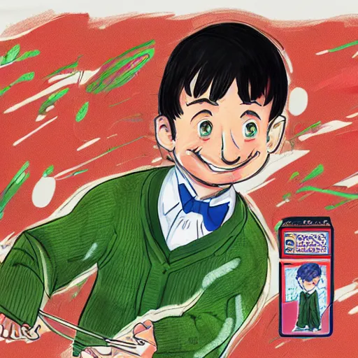 Image similar to a beautifully detailed illustration of mister rodgers as a shonen protagonist, fine detail, 4 k, award winning