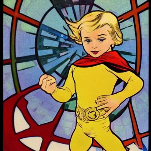 Image similar to a cute little boy with a mischievous face and blonde hair. he is dressed as a superhero. well composed, clean elegant painting, beautiful detailed face. comic book art by steve ditko and jack kirby and ( alphonse mucha )