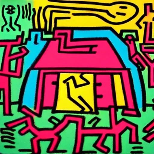 Image similar to a painting of a eerie cabin in the middle of the woods in the style of keith haring