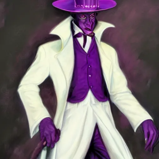 Prompt: a purple skinned tiefling wearing a white suit and tophat, purple skin, goatee, by Julie Bell
