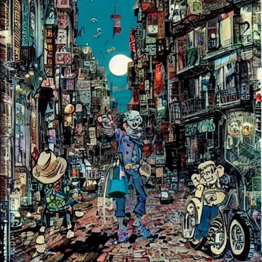 Image similar to full moon, figurines, travel!! tilt shift, style of will eisner and shuzo oshimi, full of color, on white, smooth, thin sharp lines, detailed