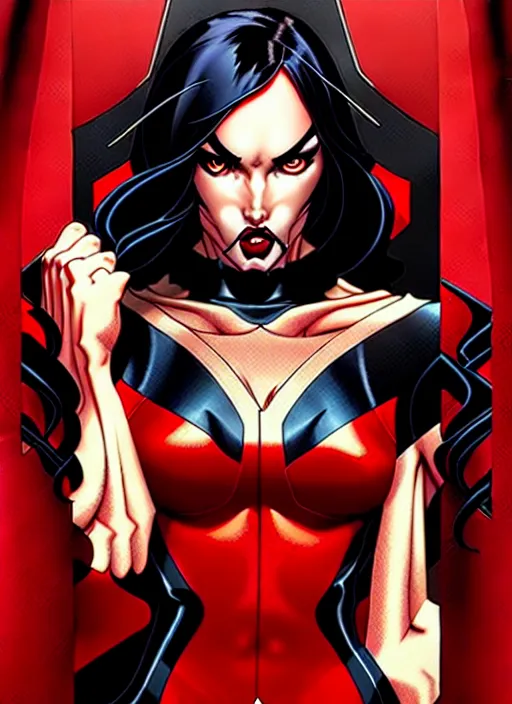 Image similar to artgerm, joshua middleton comic cover art, full body pretty megan fox vampire sharp teeth, red dress, symmetrical eyes, symmetrical face, long curly black hair, dark castle background background, cinematic lighting