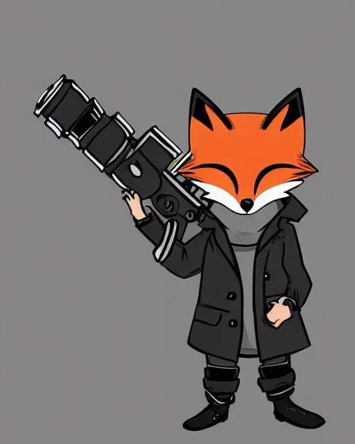 Image similar to a fox wearing a black trench - coat holding a mini - gun, comic art style, digital art,