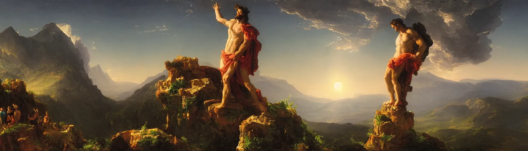 Image similar to an awe-inspiring thomas cole style painting of Zeus contemplating humanity's predicament atop an enormous Greco-Roman column while the sun sets upon Mount Olympus in the distance