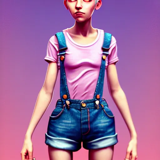 Image similar to full body pose, pixar, beautiful androgynous girl, pink pixie cut hair, torn overalls, short shorts, combat boots, fishnets, beautiful, highly detailed face, true anatomy!, extremely detailed!, digital painting, unreal engine 5, art by tom bagshaw