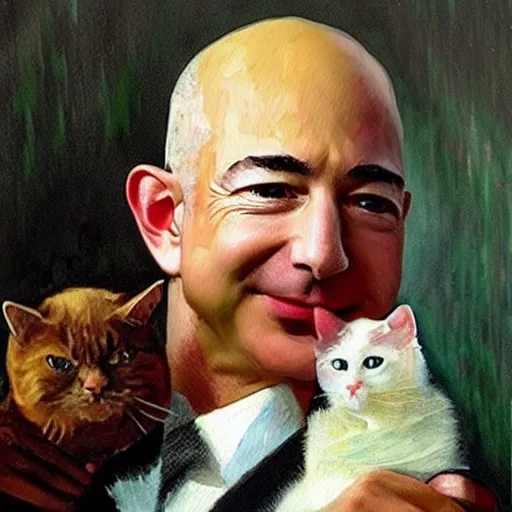 Image similar to a beautiful oil painting of jeff bezos holding a cat, 8k , award winning , made in 1800's , old , painted by vincent van gogh