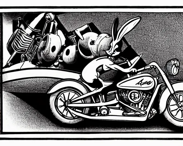 Image similar to Bugs Bunny riding a Harley Davidson, drawing by MC Escher