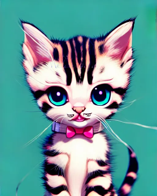 Image similar to hyper - realistic portrait of a very cute kitten, pink bow, big eyes, looking into the camera, gta v cover art, celshading, sharp focus, intricate, detailed, rhads, andreas rocha, makoto shinkai, lois van baarle, ilya kuvshinov, greg rutkowski, dynamic lighting, grunge aesthetic, 4 k