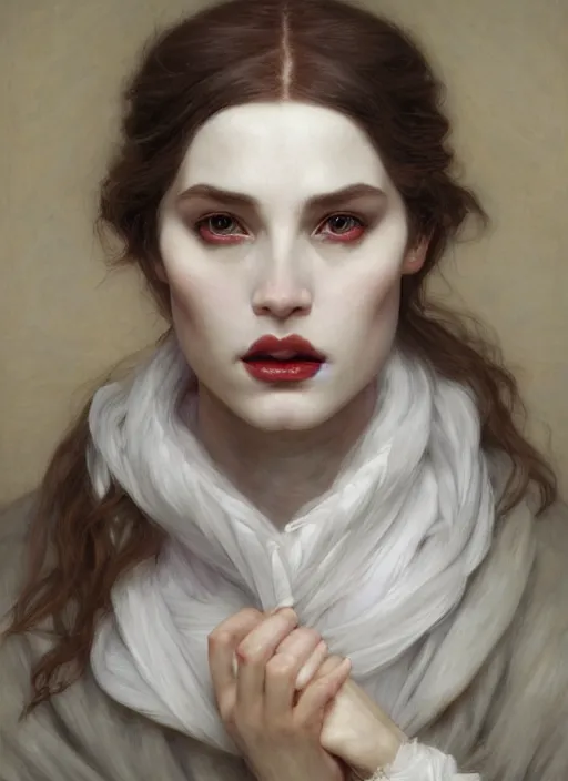 Prompt: half demon white horn, feminine, elegant, wearing a long coat, hyper realistic, extremely detailed, dnd character art portrait, fantasy art, dramatic lighting, vivid colors, artstation, by edgar maxence and caravaggio and michael whelan and delacroix, lois van baarle and bouguereau