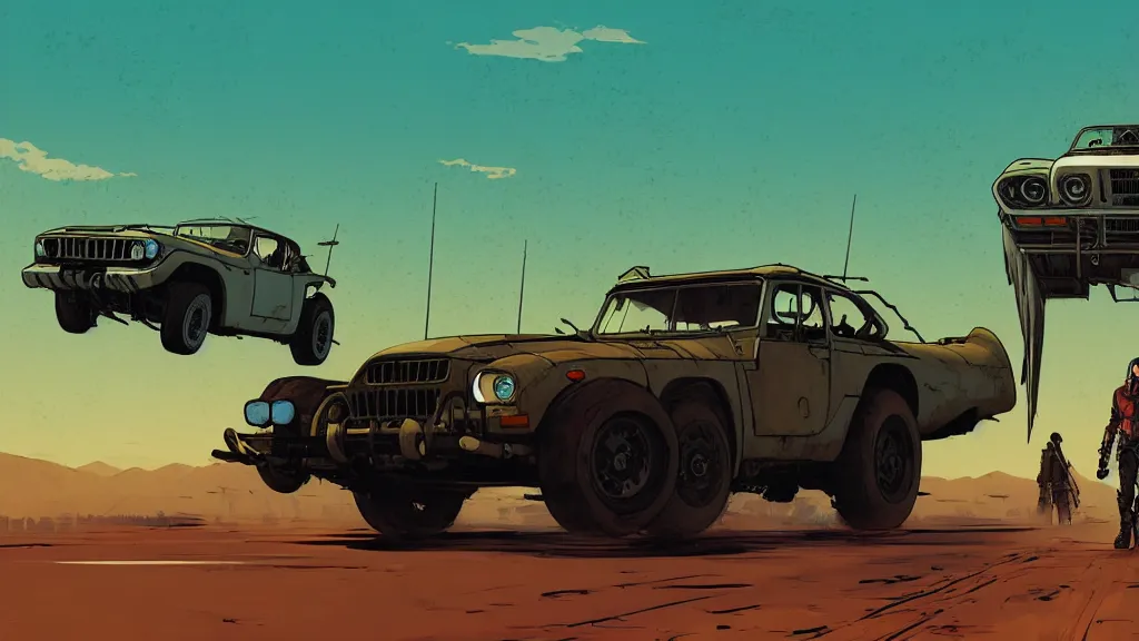 Image similar to digital illustration of mad max's fj 4 0 pursuit special, the last v 8 interceptor driving down a deserted cyberpunk highway in the middle of the day by studio ghibli, anime style year 2 0 9 3, by makoto shinkai, ilya kuvshinov, lois van baarle, rossdraws, basquiat