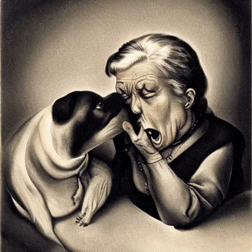 Image similar to a surrealist image of an old woman swallowing a whole dog