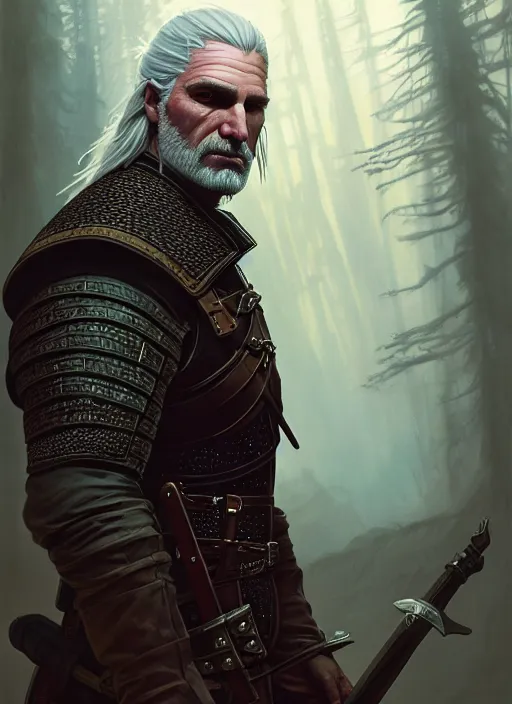 Image similar to Highly detailed portrait of Geralt of Rivia, Stephen Bliss, unreal engine, fantasy art by Greg Rutkowski, Loish, Rhads, ferdinand knab, Makoto Shinkai and Lois van baarle, ilya kuvshinov, rossdraws, Tom Bagshaw, alphonse mucha, global illumination, radiant light, detailed and intricate environment