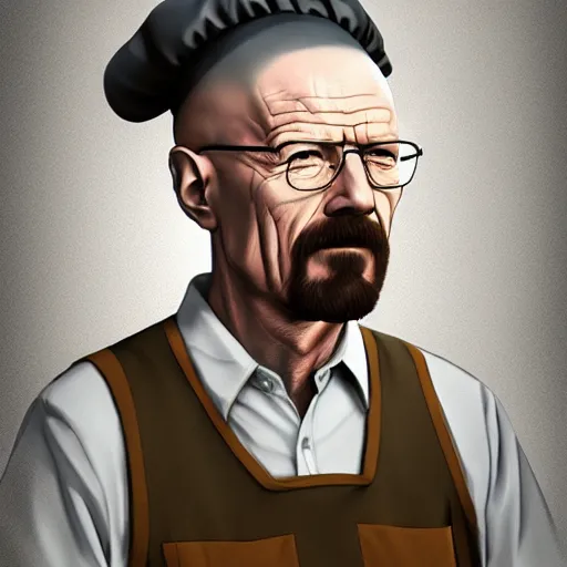 Image similar to Walter White dressed as a cook, digital art, artstation, high detailed, high rendering, high quality,