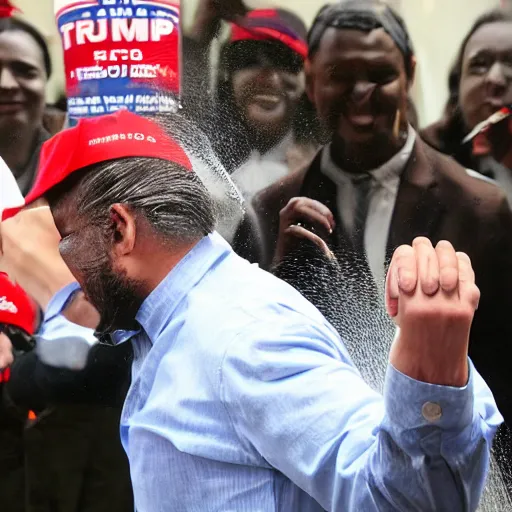 Image similar to donald j. trump spraying brown from his hands, chocolatey spray landing on liberals