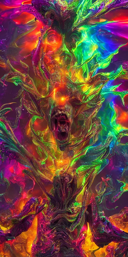 Image similar to impossibly beautiful alien god blots out the sun and unleashes an army of demons on the world, epic scale, intricate complexity, horror, psychedelic glitch art, rainbow drip paint, trending on art station, photoreal, 8k, octane render