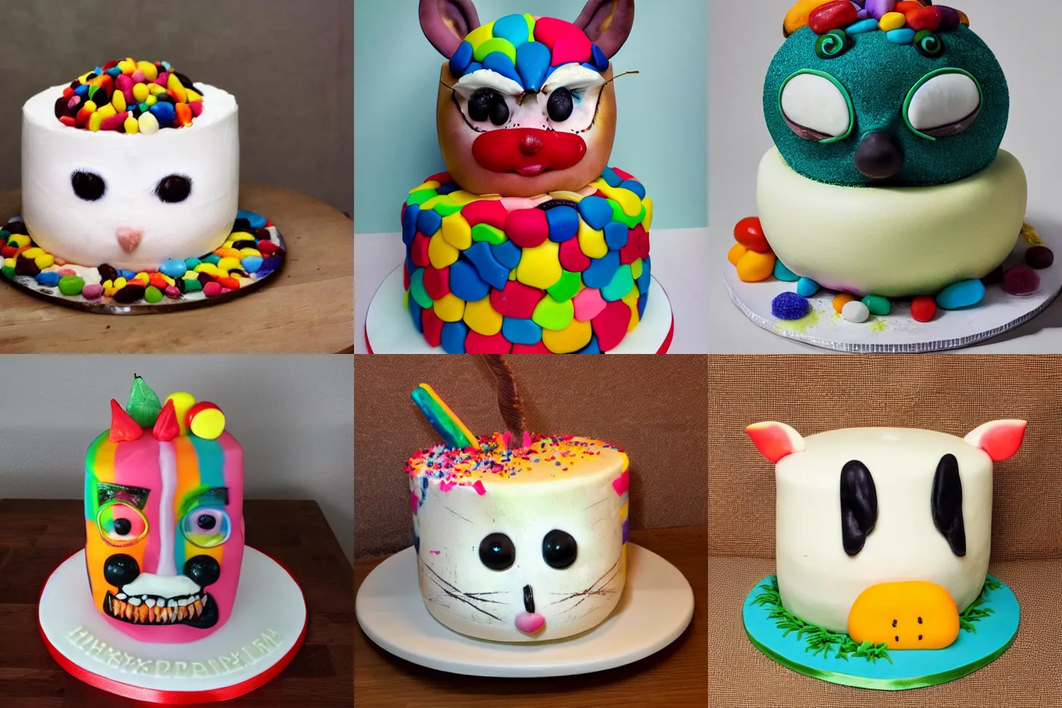 Prompt: taxidermy cake full of colorful milk with a face inside