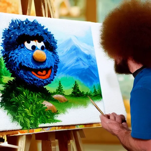 Image similar to a closeup photorealistic photograph of bob ross working on a canvas painting of cookie monster. film still. brightly lit scene. mountains and trees. this 4 k hd image is trending on artstation, featured on behance, well - rendered, extra crisp, features intricate detail, epic composition and the style of unreal engine.