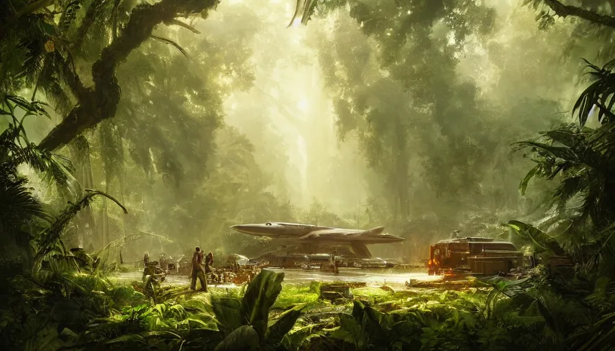 Image similar to a beautiful painting of an archaeological excavation of the battlestar galactica in a lush jungle, ray traced lighting by kalin popov and greg rutkowski