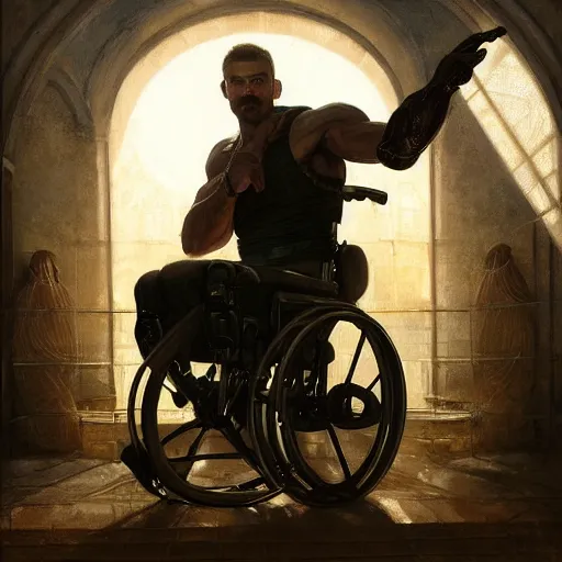 Image similar to handsome portrait of a wheelchair guy fitness posing, radiant light, caustics, heroic, smooth, one legged amputee,, by gaston bussiere, bayard wu, greg rutkowski, giger, maxim verehin