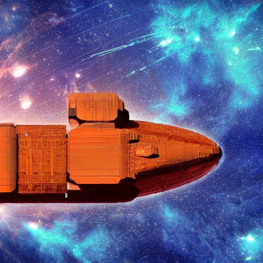 Image similar to space cargo ship with radio antenas, big storage, main battle tank, in orange space nebula, concrete, concrete sun, ww2 space tech, very very very very beautiful digital art, wide angle, far away, from the distance