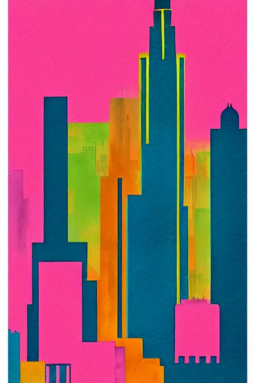 Prompt: minimalist colorful watercolor line art of duabi, art deco, cityscape, matte drawing, poster art