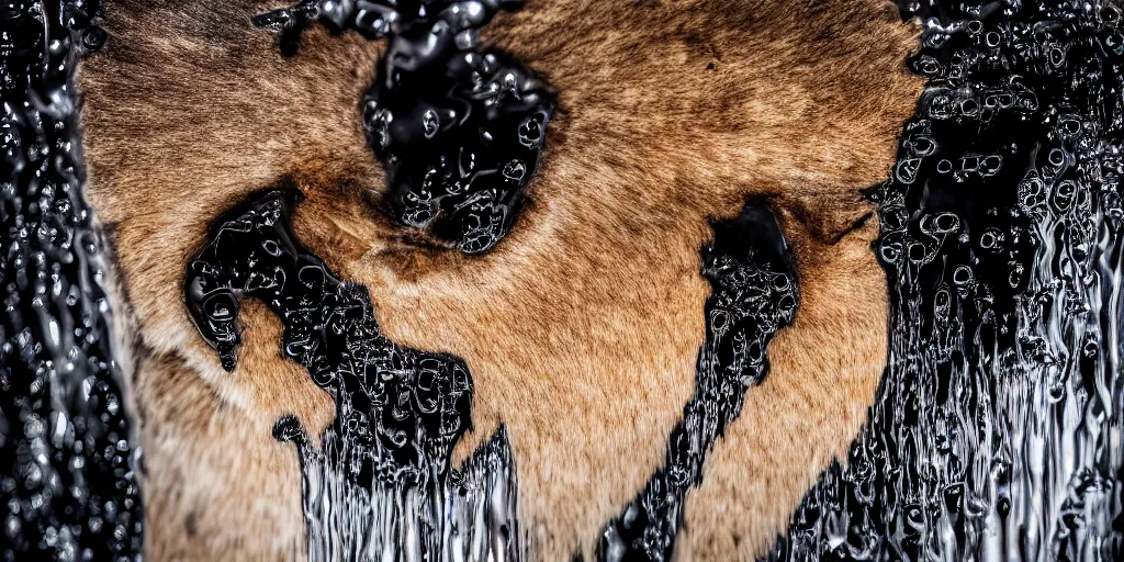 Prompt: a lioness made of ferrofluid bathing inside the bathtub full of ferrofluid on a photography studio, dripping and drooling ferrofluid. dslr, wrinkles, ferrofluid, photography