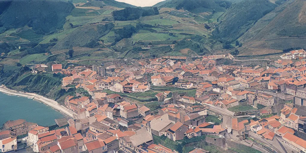 Image similar to aerial view of the village of zumaia in the basque country, 1 9 7 8, kodachrome