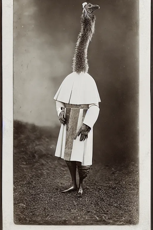 Prompt: a wet plate photo of an anthropomorphic ostrich dressed as pope
