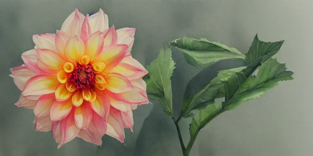 Image similar to a dahlia blossom, watercolor, artstation, realistic, moody