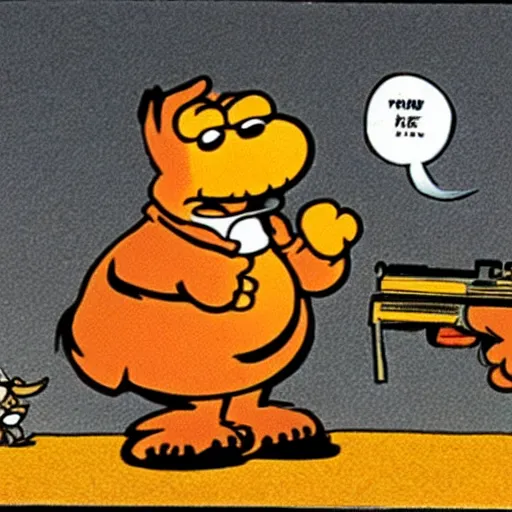 Prompt: garfield points a gun at odie, panel from garfield comic strip, illustrated by jim davis