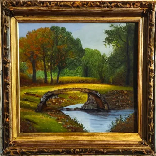 Prompt: Stone bridge over brook, pastoral scene. Autumn, changing leaves. Oil on canvas, award winning