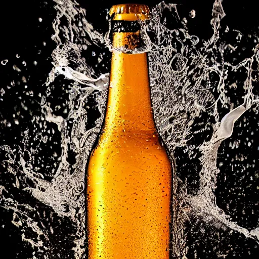 Image similar to a photo of a bottle of beer, product photo, splashes of liquid, energetic, delicate by marcel christ