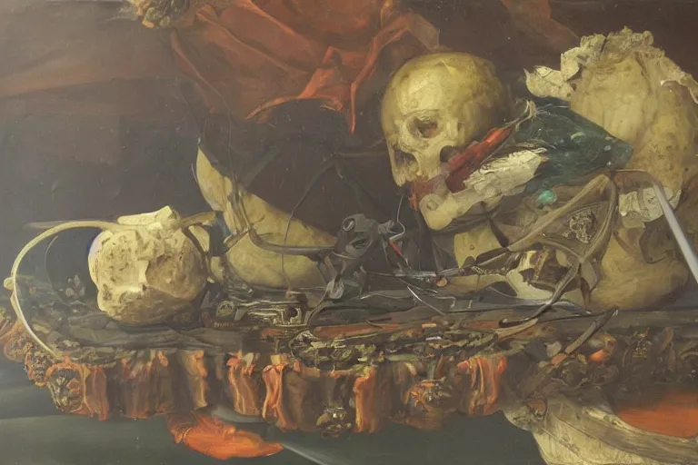 Image similar to a vanitas painting depicting an NVIDIA RTX A100 GPU, graphics card