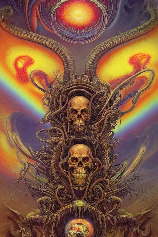 Prompt: gigantic psychedelic demonic cosmic skull of death and hell fire, alien tentacles, fantasy painting, ultra realistic, wide angle, art nouveau, intricate details, rainbowshift, vivid colors, highly detailed by peter mohrbacher, h. r. giger, maxfield parrish, gustave dore, craig mullins, octane render, cgi