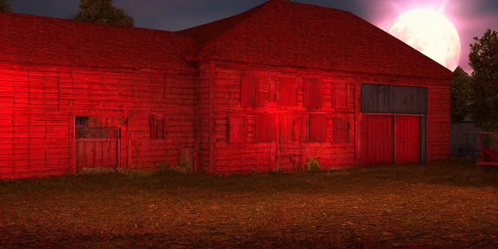 Prompt: a highly detailed photographic render of a barn with glowing red windows at night, a giant insect leans over it, beautifully lit, ray traced, octane 3D render, octane render, unreal engine