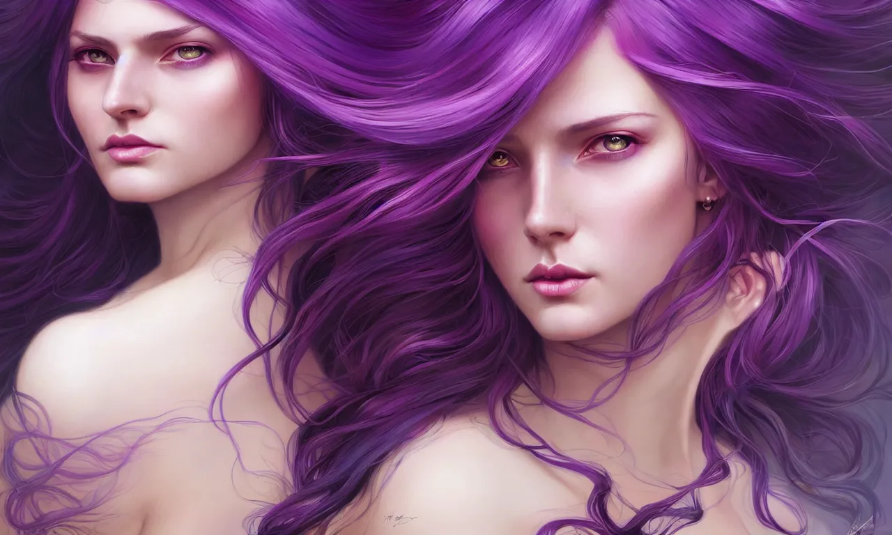 Image similar to Portrait of a woman with bright colored flying hair, all shades of purple. Hair coloring, amber eyes, face, long hair, fantasy, intricate, elegant, highly detailed, digital painting, artstation, concept art, smooth, sharp focus, illustration, art by artgerm and greg rutkowski and alphonse mucha