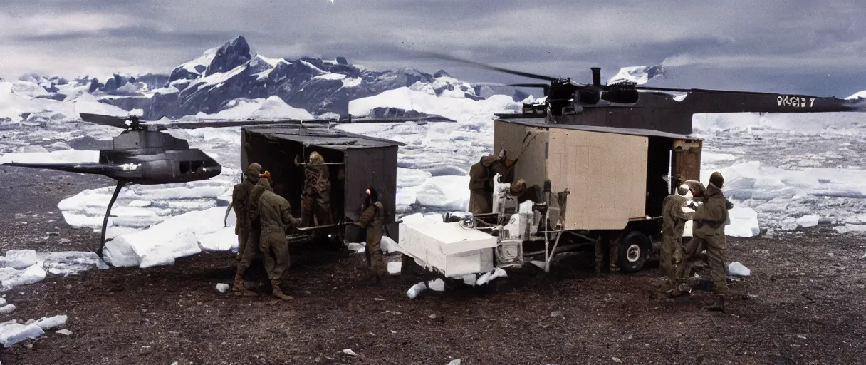 Prompt: establishing wide shot color movie like 3 5 mm photograph of middle aged caucasian us soldierss unloading dark grey metal rectangular crate from a black military 1 9 8 2 helicopter at a top secret military base in antarctica