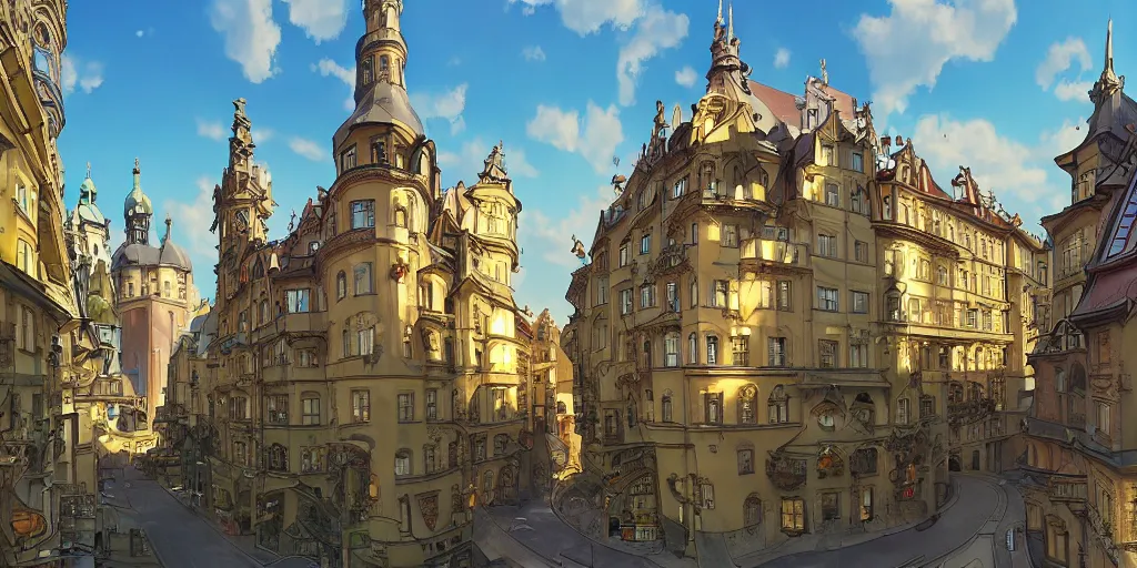Prompt: art nouveau prague old town, pixar style, ghibli studio, anime style, 8 k hdr, octane render, unreal engine 5, trending on deviantart, natural lighting, path traced, highly detailed, high quality, godrays, complementary colors, beautiful landscape, cartoon, high coherence, soft lighting, soft colors, digital art, digital painting, matte