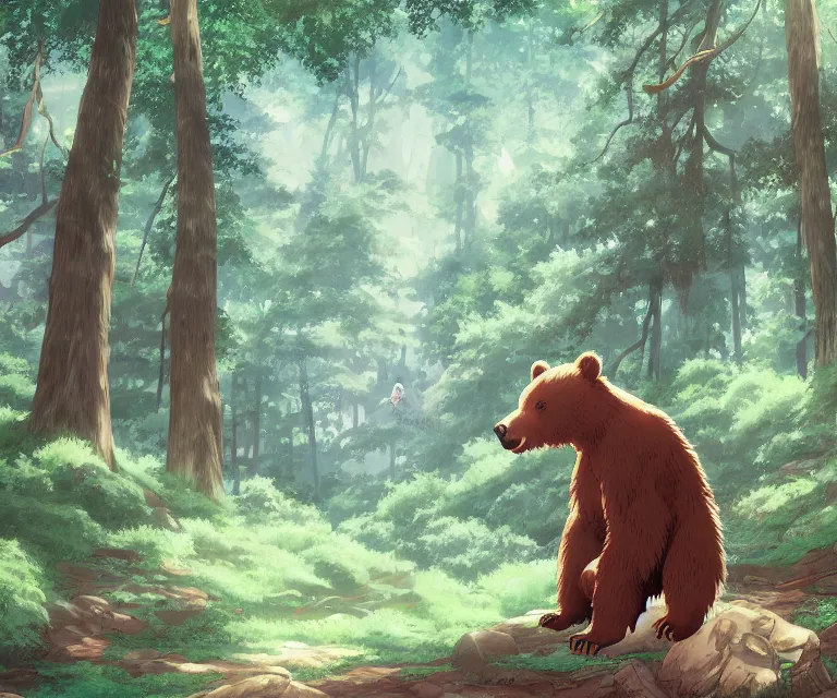 Prompt: bear in a forest, anime fantasy illustration by tomoyuki yamasaki, kyoto studio, madhouse, ufotable, comixwave films, trending on artstation