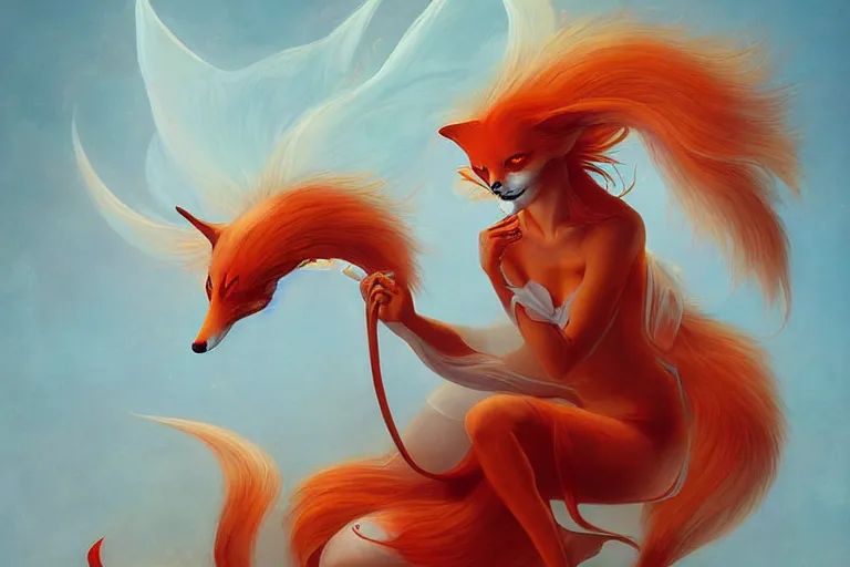 Prompt: prompt A beautiful red orange kumiho, nine fox tails, Peter Mohrbacher