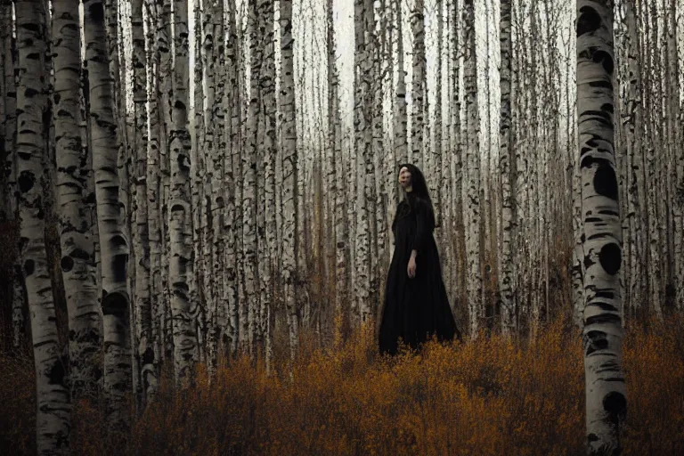 Prompt: a woman with dark, long hair, wearing a black lace dress, side view, standing at the edge of a dense forest of birch and aspen trees, cinematic lighting, film, overcast weather, dawn, jeremy lipking, jeremy mann, nick alm