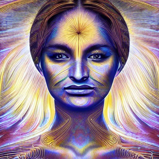 Prompt: cinematic realistic photo of golden godess portrait in the style of Alex grey