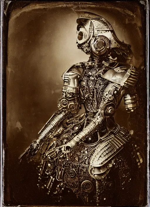 Image similar to old wetplate daguerreotype portrait of a futuristic silver armored headless marie antoinette cyborg, fractal, intricate, elegant, highly detailed, parallax, leica, medium format, subsurface scattering, by jheronimus bosch and greg rutkowski and louis jacques mande daguerre