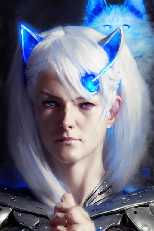 Image similar to woman with white hair, blue eyes and glowing cat ears in police armor portrait dnd, painting by gaston bussiere, craig mullins, greg rutkowski, yoji shinkawa